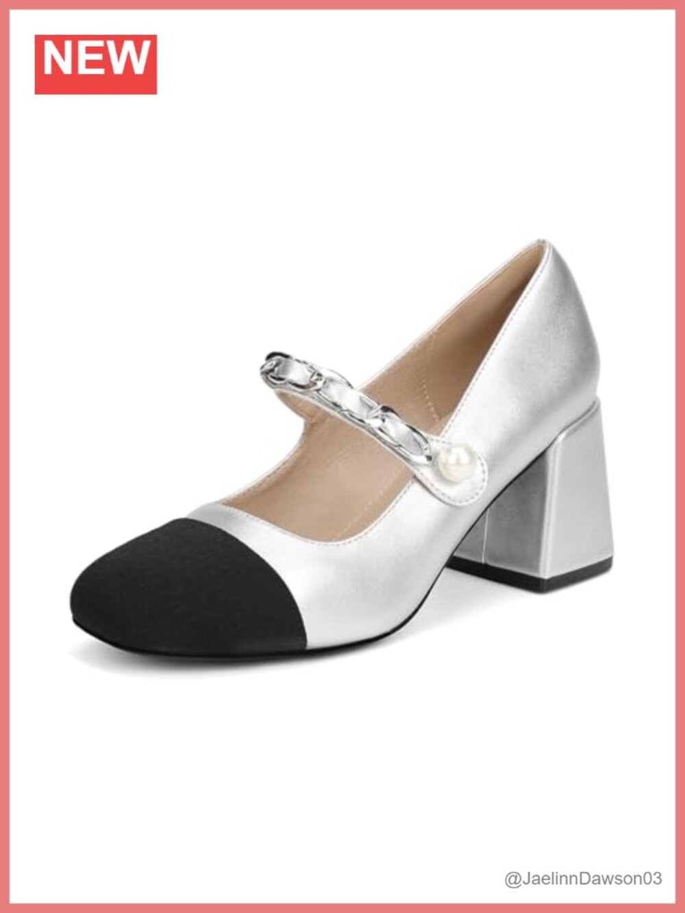 Mary Jane Pumps Block Heel Round Toe Pearl Chain Waterproof
